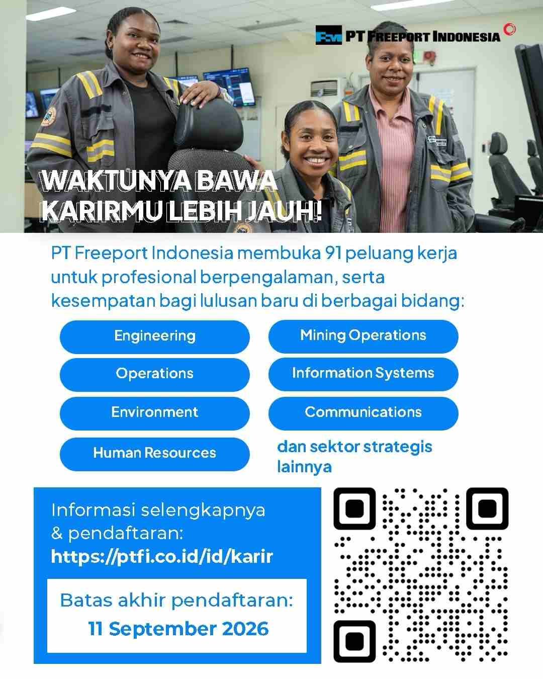 Setiap perjalanan karier dimulai dari satu kesempatan. PT Freeport Indonesia membuka 91 kesempat 1-100kb